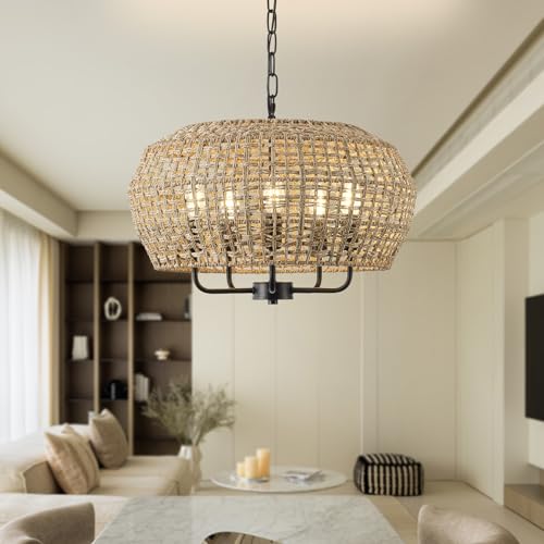 20" Boho Rattan Chandelier for Dining Room,5-Light Hand-Woven Natural Rattan Ceiling Light Fixture with Adjustable Chain,E12 Sockets Dimmable Pendant Light for Kitchen Living Room Hotel(Black) - color: Black 5-Light 20" Round