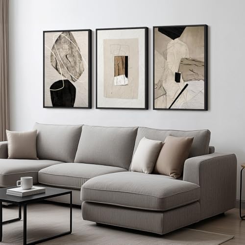 Framed Neutral Abstract Wall Art, Set of 3 Modern Canvas Prints Paintings Artwork for Walls, Minimalist Black and Beige Pictures for Living Room Hallway Stair Bedroom Office Wall Decor 16x24 Inch - color: Neutral, size: 16" W x 24" H x 3pcs