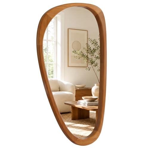 Solid Wood 48"x24" Large Aesthetic Wabi-Sabi Statement Mirror, Warm Walnut Full Length Irregular Mirror, Modern Organic Asymmetrical Wooden Wall-Mounted Mirror, Honey Walnut - color: Walnut, size: 48"L x 24"W
