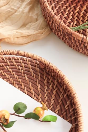 HITOMEN Hand-Woven Round Rattan Serving Tray Decorative Ottoman Wicker Platter with Handles for Coffee Table, Breakfast, Drinks, Snack, Bread, Fruit, Vegetables (Honey Brown Set of 2: M+L) - color: Honey Brown, size: Medium (11.8 inches)/Large (14.2 inche