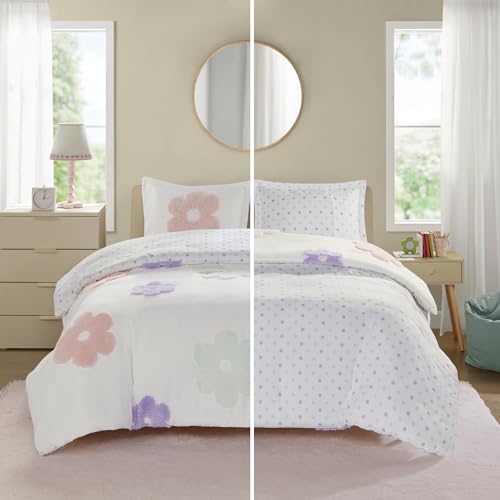 Intelligent Design Kids Full Duvet Cover Set for Girls, Tufted Chenille Floral Duvet Set Queen, Lightweight Polka Dot Reversible Bedding Cover, Gracie, Full/Queen White/Purple 4 Piece - color: White/Purple, size: Full/ Queen