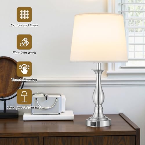 Bedside Table Lamp Touch Control Bedroom Lamps with USB A + C Charging Port 3 Way Dimmable Touch Lamps for Nightstand Living Room Bedroom Dorm Home Office Reading, Set of 2 (White Shade & Nickel Base) - color: White Shade & Nickel Base