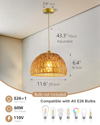 Rattan Pendant Light Fixtures, 11.6” Boho Woven Basket Pendant Light, Handmade Wicker Hanging Lamp, Rustic Wicker Chandelier for Kitchen Island, Dining Room, Living Room, Bedroom, E26 Base - color: 11.61″-Round