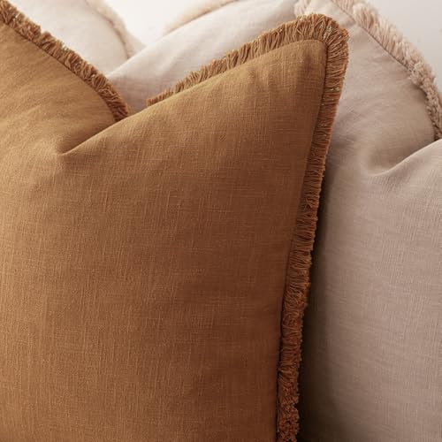 Foindtower Decorative Linen Fringe Throw Pillow Covers Cozy Boho Farmhouse Cushion Cover with Tassels Soft Accent Pillowcase for Chair Sofa Bed Living Room Home Decor, 16×16 Inch,1PC,Orange - color: Honey Ginder, size: 16" x 16" (Pack of 1)