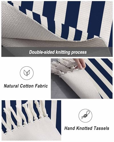 Navy Blue Stripes Kitchen Runner Rug 2'x4', Washable Woven Cotton Area Rug with Tassels Bathroom Hallway Rug, Farmhouse White Simple Vertical Striped Entryway Bedroom Rug Non Slip Throw Rug Carpet - color: Navy Blue, size: 2 x 4 ft