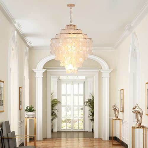 Coastal Capiz Shell Chandelier 24 inch Gold Natural Seashell Farmhouse Boho Chandelier 4-Light Pendant Light Fixture for Living Room Foyer Kitchen Island Entryway Dining Room Bedroom,LED Bulb Included - size: 24 inch