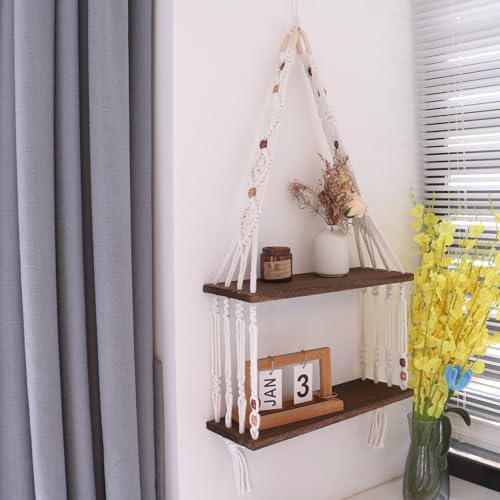 TENEWEE Boho Wall Hanging Shelves Macrame Floating Plant Photos Wood Shelf for Bedroom Living Room Apartment Decor (Black) - color: Black