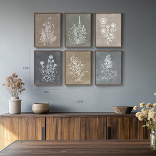 Framed Boho Botanical Wall Art for Living Room, 6 Piece Modern Farmhouse Neutral Floral Canvas Painting Prints, Minimalist Vintage Flower Plants Line Artwork for Bedroom Hallway Wall Decor, 11x14 In - color: Neutral - Walnut Framed, size: 11" W x 14" H x
