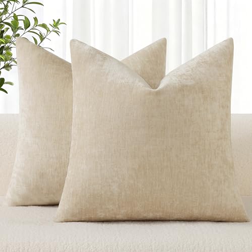 decorUhome Chenille Beige Throw Pillow Covers 16x16 Inch Set of 2, Decorative Soft Couch Pillow Covers Solid Dyed Accent Farmhouse Neutral Square Pillow Cases for Sofa - color: Beige, size: 16" x 16" (Pack of 2)