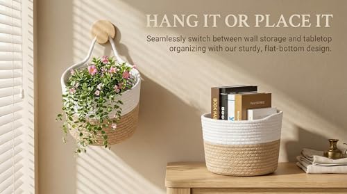 Storage Basket – Stylish Cotton Rope Wall Baskets for Organizing, 3 Pack Over the Door Storage & Small Spaces – Natural Decorative Home Organizer - color: White&khaki