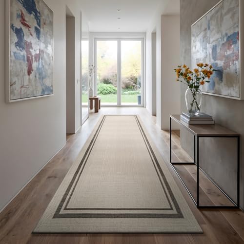 Beverly Rug Easy Jute Bordered Runner Rug 2x7 Washable Durable Indoor Outdoor Area Rugs for Living Dining Room Patio Office Stain Resistant Non Shedding Casual Indoor Outside Carpet 2 x 7 Off-White - color: Bordered/Off-white-black, size: 2' x 7' (Rectang