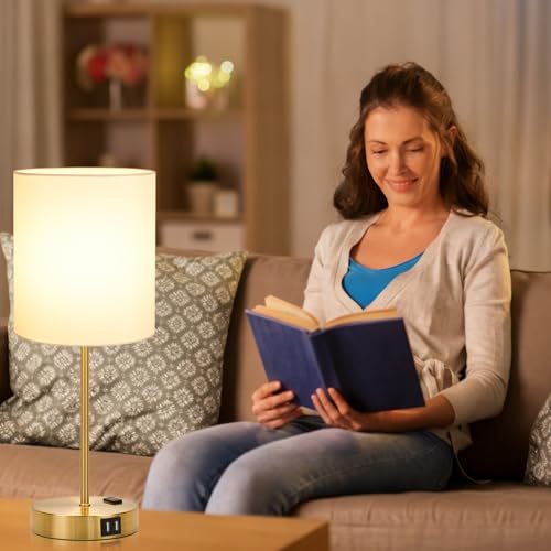 Lynnoland 2 Pack Touch Control Table Bedside Lamps with 2 USB & AC Outlet, 3-Way Dimmable Bedside Nightstand Lamps for Bedroom Living Room Nursery, 800 Lumens 3000K Warmlight Bulbs Included - color: (2 Pack)White & Brushed Gold(Base)-Included 3000K Bulbs