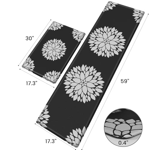 Kitchen Mats for Floor [2PCS], Soft Anti Fatigue Kitchen Rugs for Home, Water Resistant Cushioned Standing Desk Mats, Non-slip Comfort Mat for Floor, Kitchen, Office, Sink, Laundry, Black - color: Black, size: 17.3" x 59" + 17.3" x 30"