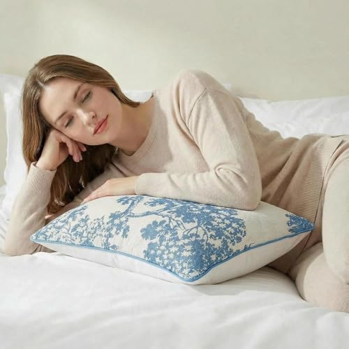 Mantle & Mason Floral 12x20 Lumbar Pillow Covers Set of 2, French Vintage Woven Jacquard Decorative Accent Pillow Cases for Couch, 430GSM Thick Chenille & Luxury Velvet, Blue - color: Tree Pattern Blue, size: 20" x 12" (Pack of 2)