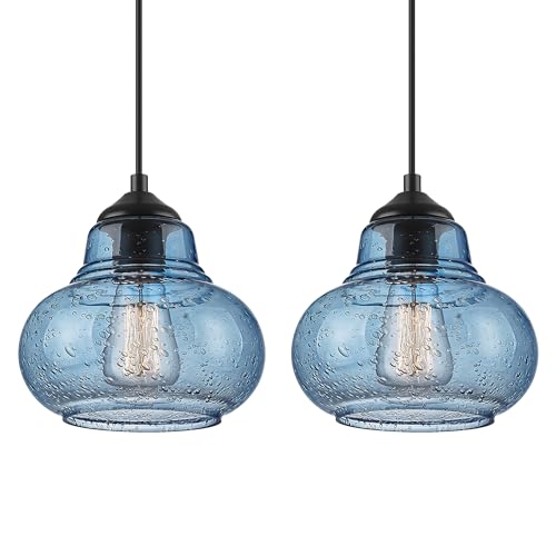 ELYONA 2 Pack Bubble Glass Pendant Lights 8 inch Modern Blue Hand Blown Globe Glass Pendant Lighting Hanging Light fixtures for Kitchen Island Dining Room Bar Bedroom Living Room - color: Blue-2 Pack