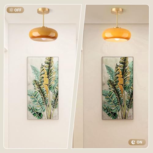 Brass Modern Hallway Ceiling Light - Orange Glass Ceiling Lamp with Dome Shade, Gold Mid Century Semi Flush Mount, Bedroom Entrance Light Fixture - color: Orange