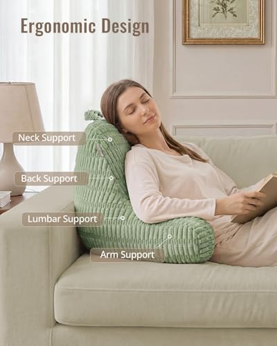 Blissful Diary Reading Pillow, Backrest Pillow with Shredded Memory Foam for Adult & Children, Designed for Bed and Couch Sitting Up, Includes Arms, Pockets and Washable Cover, Sage Green - color: Textured Sage Green, size: Standard(18inch)