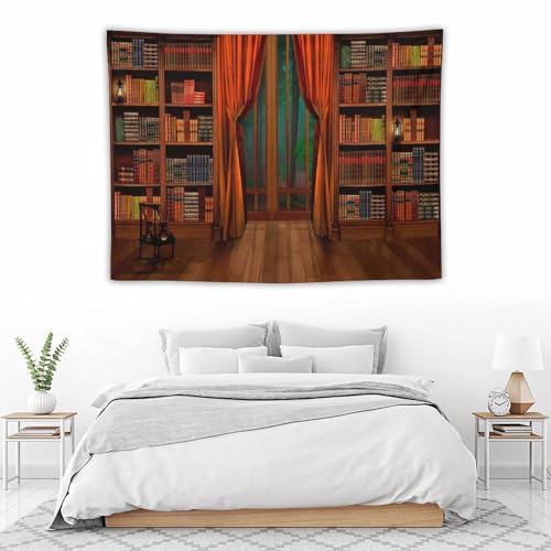 Houselerax Vintage Bookshelf Tapestry,Retro Library Wall Hanging Tapestries,Old Books on Shelf Classical Study Room Student Study College Dorm Bedroom Living Room 60"x40"inch - color: Bookshelf-11, size: W60xL40in