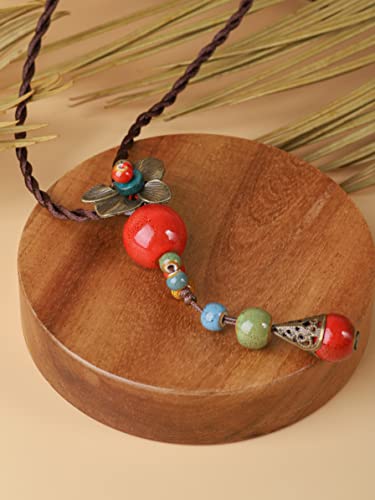 MINACHI Vintage Bohemian Colorful Ceramic Bead Antique Flower Y Necklace, Vintage Boho Hippie Statement Jewelry Gift for Women - color: S01B