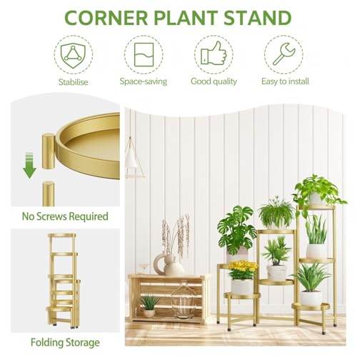 iDavosic.ly 7 Tier Large Plant Stand Indoor, 10 Inch Wide Tall Corner Metal Plant Stands Outdoor for Multiple Plants, Folding Tiered Flower Display Holder Rack Shelf, Gold - color: Gold, size: 7 Tiers