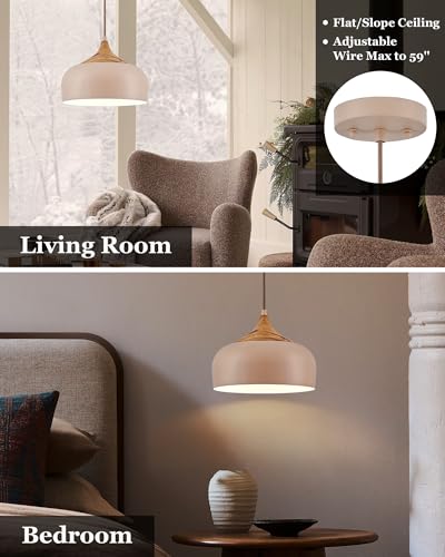 ELYONA 12 Inch Modern Japandi Pendant Light for Kitchen Island Farmhouse Hanging Lamp with Faux Pine Wood Grain Metal Shade, Adjustable Wabi Sabi Ceiling Fixture for Dining Room Bedroom,Light Brown - color: Light Brown
