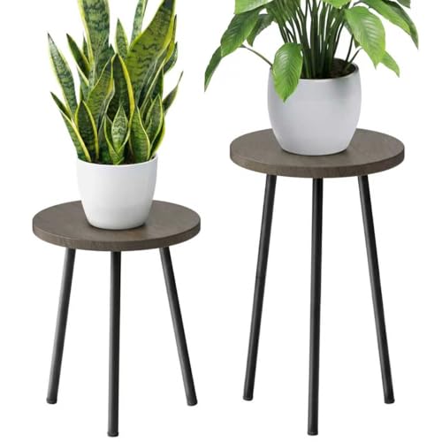 Plant Stand Indoor Tall: Corner Wood Plant Stand 2 Pack Mid Century Modern Decor - Small Round Plant Table for Indoor Plants - Outdoor Plant Holder for Patio Living Room Bathroom Office (Grey Wood) - color: Grey Wood, size: 14"&20"