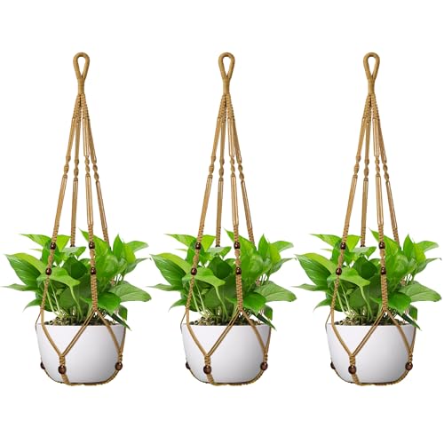 USLAI Macrame Plant Hanger Indoor Outdoor, Fits 4 to 15 Inch Pots, Strong Hanging Planter Holder, Boho Home Decor, 35 Inch, Brown, Set of 3 (POTS NOT Included) - color: Brown, size: 35+35+35 Inch