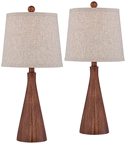 360 Lighting Fraiser 23 1/2" High Cone Small Mid Century Modern Accent Table Lamps Set of 2 Brown Wood Finish Cottage Core Living Room Bedroom Bedside Nightstand House Office Home Oatmeal Shade