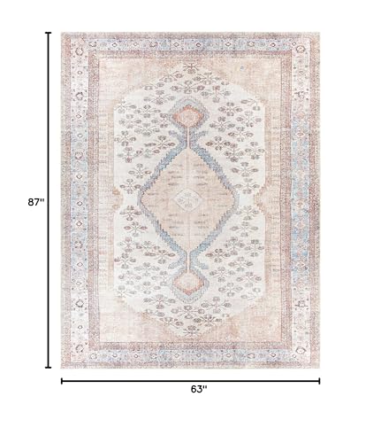 Hauteloom Stella Boho Vintage Area Rug - Farmhouse Traditional Medallion Carpet for Living Room, Bedroom - Machine Washable - Tan, Pink, Peach, Sage, Blue, Cream - 5'3" x 7'3" (5x7) - color: Aqua, Black, Blush / Moora, size: 5'3" x 7'3" (Rectangular)
