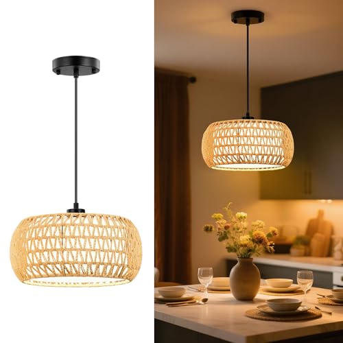 Pendant Lights, Plug in Pendant Light, Hanging Lamp, Boho Lamp, Woven Rattan Pendant Lamp Shade for Kitchen Island, Modern Farmhouse Chandelier Light Fixtures (Bohemian 1)