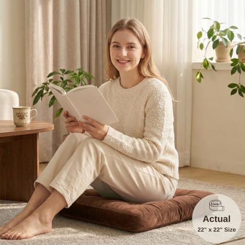 Floor Pillows for Adults Set of 2, Soft Velvet Floor Cushions for Sitting, Square Tufted Floor Pillow Set for Reading Nook, Living Room, Bedroom, 22 x 22 Inch, Brown - color: Brown, size: 2pack