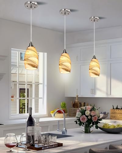 karyfine Mini Pendant Lights Kitchen Island Light Brown Glass Lamp Shade Hand Blown Glass Pendant Light with Brush Nickel Finish Adjustable Cord for Kitchen Over Sink, Dining Room (Light Brown-3P) - color: Light Brown-3Packs