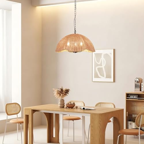 ocioc Rattan Pendant Lighting,23.6" Kitchen Island Hanging Light Fixtures,Large Boho Hand-Woven Chanderlier, E26 Farmhouse Retro Ceiling Chandelier 3-Lights for Dining Room Kitchen Island Living Room - size: 23.6" 3-Light