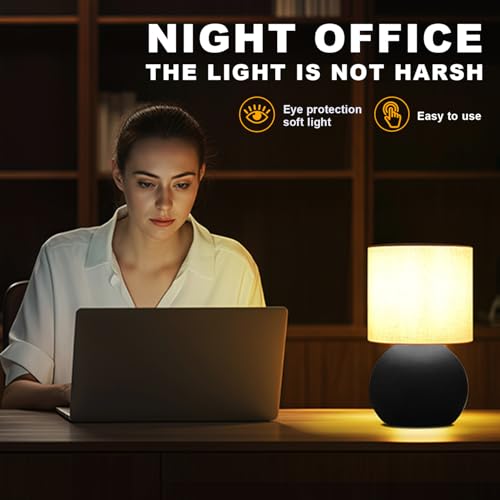 Modern Black Small Table Lamp with Cotton Linen Shade, 6.2×6.2×10.4 inch LED Desk Light, One-Button Switch for Bedroom, Living Room, Nightstand, Includes Warm Light Bulb - color: Black, size: Pack of 1