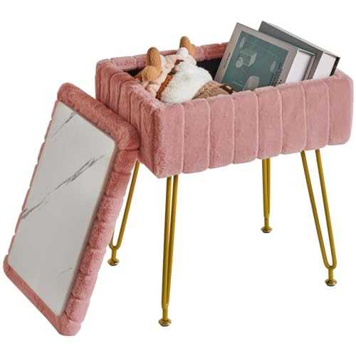 IBUYKE Stool Chair with Storage Space, Footrest Footstool Ottoman, Small Side Table, with 4 Metal Legs, with Anti-Slip Feet, for Makeup Room, Bedroom, Faux Fur, Pink LG-50P - color: Pink, size: 15.8"D x 11.8"W x 18.9"H