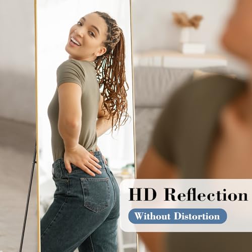 DUMOS Full Length Mirror with Stand, 56"x15" Floor Mirror with Aluminum Alloy Frame for Bedroom, Standing Full Body Mirrors with Shatter-proorf Nano Glass for wall, Living Room, Cloakroom, Gold - color: Gold-rect Edge, size: 56"L x 15"W