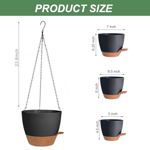 3 Pack Hanging Planter Indoor Outdoor Flower Pots 7/6.5/5 Inch, Self-Watering Hanging Pot with Drainage Holes Hanging Baskets Holder Plant Pots for Garden (Black) - color: Black, size: 7/6.5/5 Inch