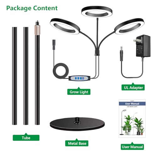 Aumtrly Grow Lights for Indoor Plants, 3 Head Full Spectrum Plant Light with 68" Adjustable Stand for Growing Large Tall Plants, Black Halo Floor LED Grow Lamp with 16 Hour Timer - size: 3 head 68inch/black