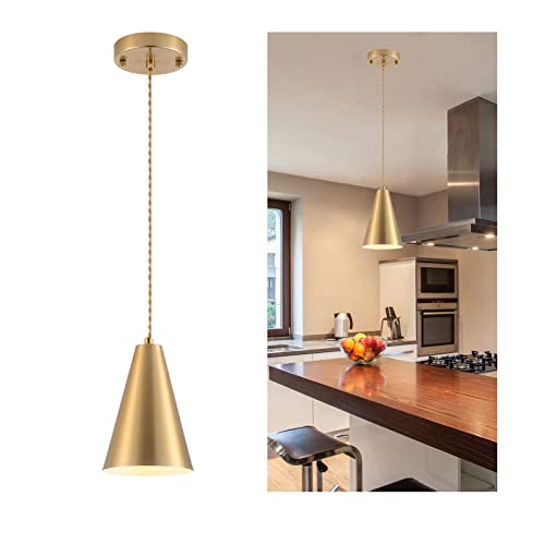 Dijiahua Brass Pendant Lights Kitchen Island,Gold Dining Room Light Fixtures Over Table with Cone Metal Shade, Modern Vintage Mini Chandeliers,Adjustable Cord Hanging Lighting for Bar,Sink.(1 Pack) - color: 1Pack Gold