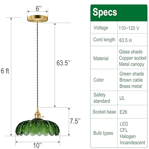 Hardwired Pendant Light Fixture, Hanging Light Fixture, Glass Shade Pendant Light with Rotary Switch, Modern Lamp for Kitchen Island, Bedroom, Dining Room, Living Room (Green, 6 Ft Cord) - color: Green, size: 6 ft