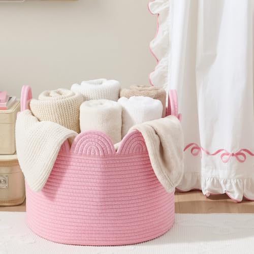 LemonRoad Pink Round Basket Large Blanket Basket 15.8" L X 15.8" W X 13.8" H Scalloped Woven Baskets Cotton Storage Baskets for Nursery Classroom Closet Blankets Storage Home Decor - color: Pink, size: 15.8" L X 15.8" W X13.8" H