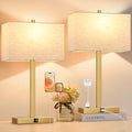 Lynnoland 21" Set of 2 Table lamp with USB A+C & AC Outlets, Touch Control 3-Way Dimmable Nightstand Lamps for Living Room Bedroom Office Reading, Linen Shade Touch Lamps, 3000K LED Bulbs Included - color: (2 Pack) Natural Linen & Brushed Gold (Base)-3000