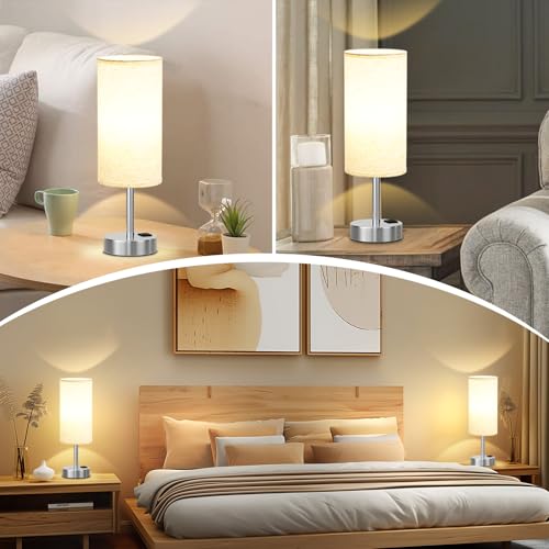 Dicoool Touch Table Lamp for Bedroom, 3 Way Dimmable Bedside Lamp with USB C & A Charging Ports - Small Desk Lamp for Dorm Room, College, Kids, Office, Living Room, White - color: Light Beige-Silver Metal, size: 14in
