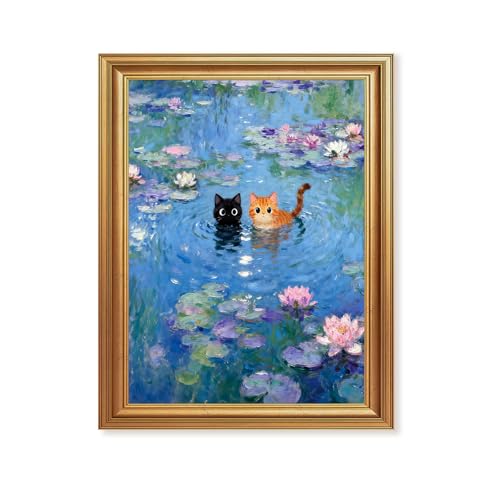 ICHZUMW Gold Framed Funny Cat Canvas Wall Art, Monet Style Water Lily Painting with Black and Orange Cats, Whimsical Animal Wall Decor, Ready to Hang for Bedroom Living Room Bathroom, 8x10in - color: Monet’s Garden Cats, size: 10"L x 8"W