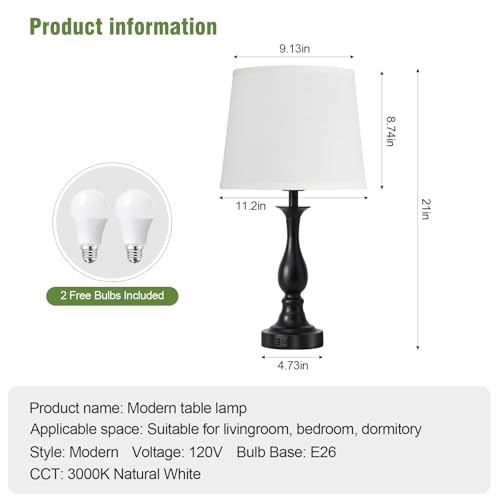Bedside Table Lamp Touch Control Bedroom Lamps with USB A + C Charging Port 3 Way Dimmable Touch Lamps for Nightstand Living Room Bedroom Dorm Home Office Reading, Set of 2 (White Shade & Black Base) - color: White Shade & Black Base
