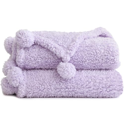 HORIMOTE HOME Ultra Soft Cozy Sherpa Throw Blanket with Pompom Fringe, Light Weight Warm Decorative Boho Style Plush Throw Blanket Cover for Couch, Sofa, Bedroom,Travel, Outdoor, 50”x60”, Purple - color: Purple, size: Throw-50'' x 60''