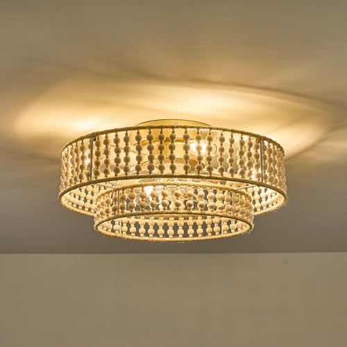 20" Boho Ceiling Fan with Lights Flush Mount,Bohemia White Wood Bead Close to Ceiling Fan Light, 4 Lights Low Profile Enclosed Ceiling Fans with Remote Control for Bedroom Living Room Kitchen - color: White-2