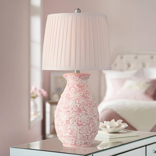 360 Lighting Buttercup 25" High Mid-Century Modern Country Cottage Ceramic 3-Way Table Lamp Pink and White Flowers Ceramic Fabric Shade Living Room Bedroom Bedside Nightstand House Office Home
