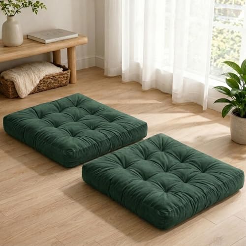 Floor Pillows for Adults Set of 2, Soft Velvet Floor Cushions for Sitting, Square Tufted Floor Pillow Set for Reading Nook, Living Room, Bedroom, 22 x 22 Inch, Green - color: Green, size: 2pack