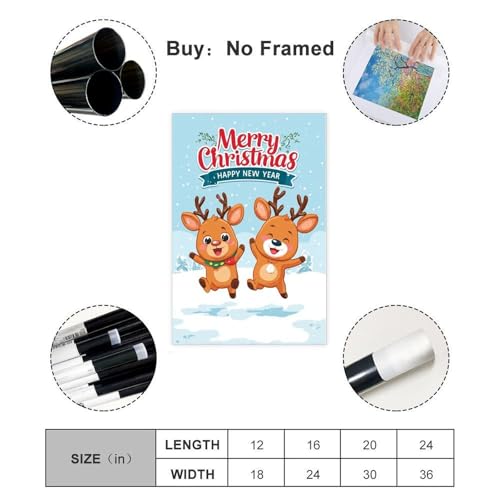 JDBeehpy Merry Christmas & Happy New Year Frameless Canvas Print Wall Art Painting Reindeer Playing Happily in Snow Cute Poster Home Decor Mural 08x12inch(20x30cm) - color: Reindeer Unframe, size: 12L" x 8W"